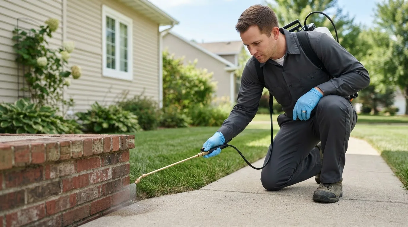 Pest control technician treating a home near Granby, CT